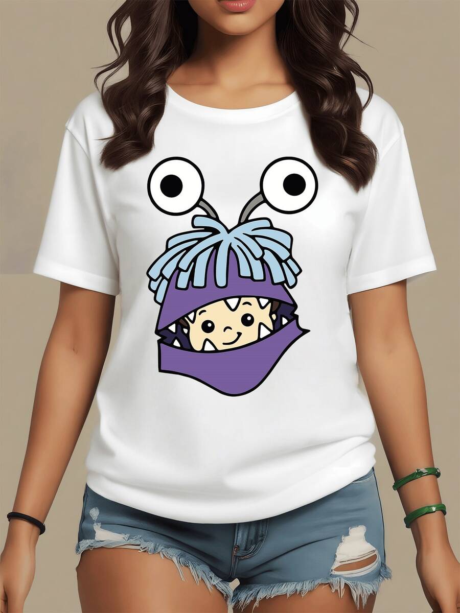 Fun Figure With Big Eyes And A Playful Smile That Evokes Childlike Joy And Positive Energy, Perfect For Adding A Humorous And Modern Touch To Any Occasion. Comfortable And Stylish Casual Women's T-Shirt - 白色 - 查看 1