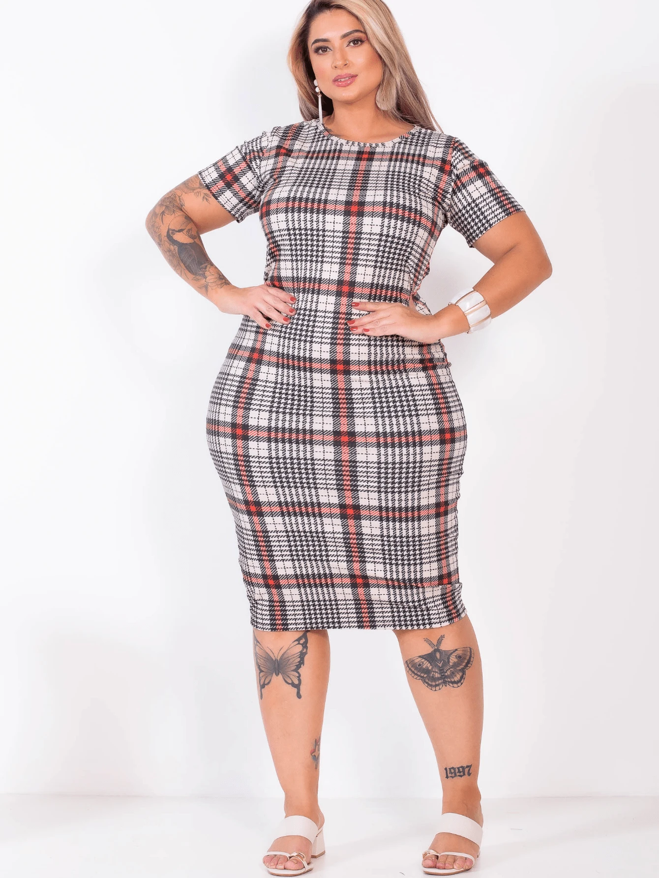 Casual Short-Sleeved Plaid Midi Dress, Comfortable For Spring/Summer - 米色格子 - 查看 1