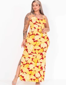 Vestido Alça Floral Modelo Curvy Moda Plus Size Alcinha Fenda Canelado Curve Longo Elastano Festa Social Gestante Flor Confortável - Floral Amarelo - Visão 12