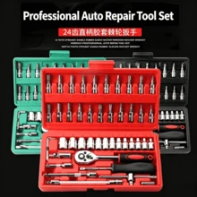 Bộ dụng cụ 46 món, bao gồm đầu tuýp, cờ lê, đầu khẩu tháo nhanh, cỡ nhỏ/vừa/lớn, cần siết, tua vít, bộ dụng cụ sửa chữa ô tô. - Nhiều màu - Xem 3