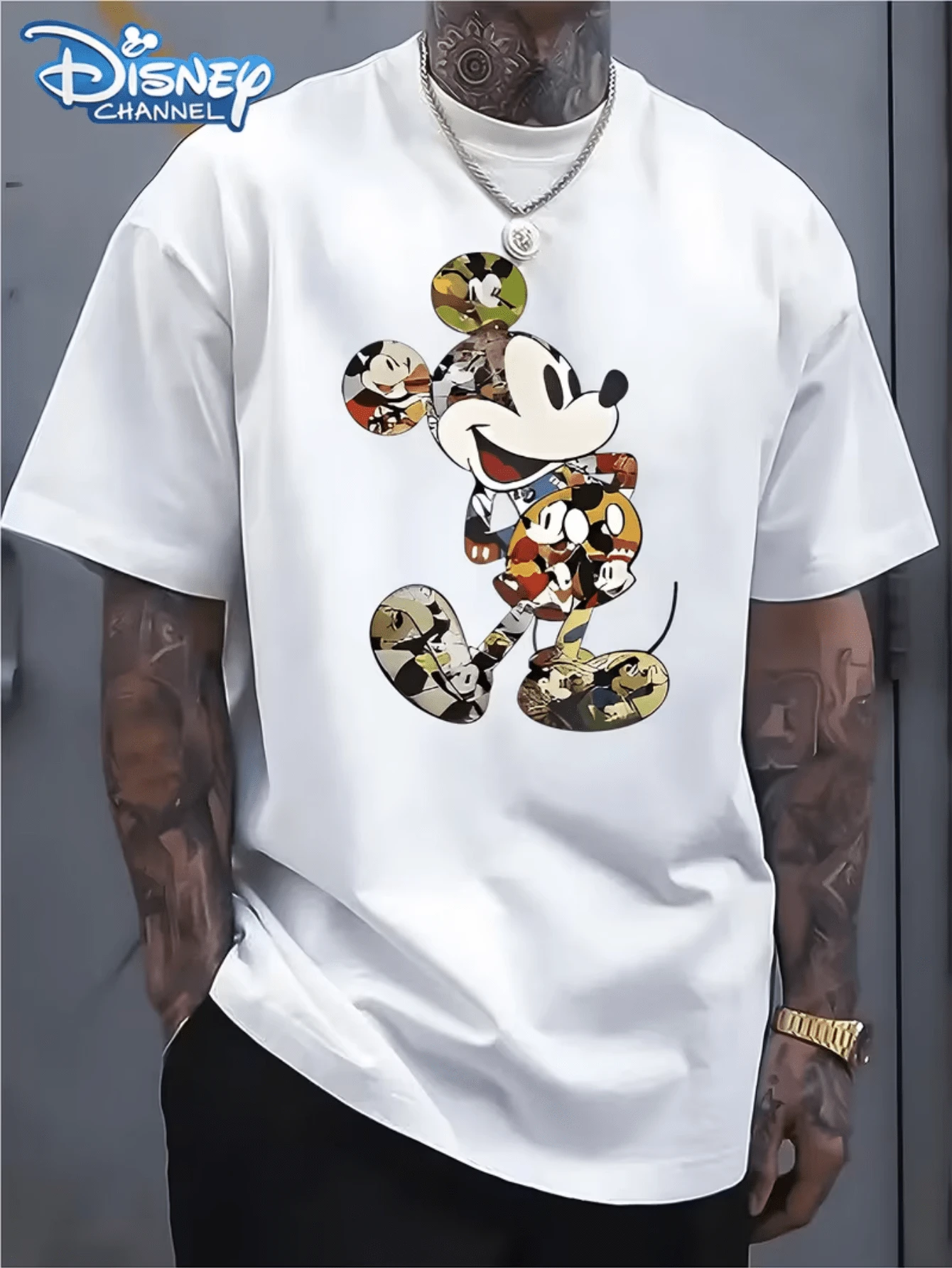 (Disney Licensed T Shirts)Disney Mickey Mouse Collage Art Graphic Tee Men's Oversized Crew Neck Short Sleeve T-Shirt, Casual Streetwear With Mickey Silhouette Filled With Vintage Mickey Prints, Retro Disney Collage Loose Fit Casual Top, Mens Clothes, Men, Ropa De Hombre, Summer Clothes, Men Shirts, Graphic Tees, Disney Outfits Men, Graphic Tees, Camisetas Para Hombre, Camisas Para Hombre, Summer Outfits For Men, Father's Day Gift, Perfect Gift For Family And Friends, Which Are Necessary For Birthday Parties, Disney Shirts, Mens Clothes, Summer Clothes, Officially Licensed Disney T-Shirts, Disney Men's And Women's Spring/Summer Fashion Casual Short-Sleeve T-Shirts, Disney Top - White - View 1