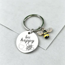 1pc "Bee Happy" Bee Keychain With Engraved Disc And Rhinestone Bee Charm, Uplifting Accessory For Bags/Clothes, Unisex, Great Gift For Girlfriends - Multicolor - View 4