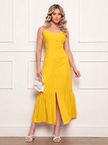 Elegant Women's Long Dress In Viscose Linen With Built-In Bra, Lining, Adjustable Straps And Front Buttons - Yellow - View 3