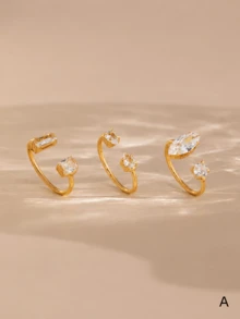 3件套几何简约不对称锆石黄金可调节戒指套装，适合日常佩戴、婚礼和约会。 - 彩色 - 查看 3