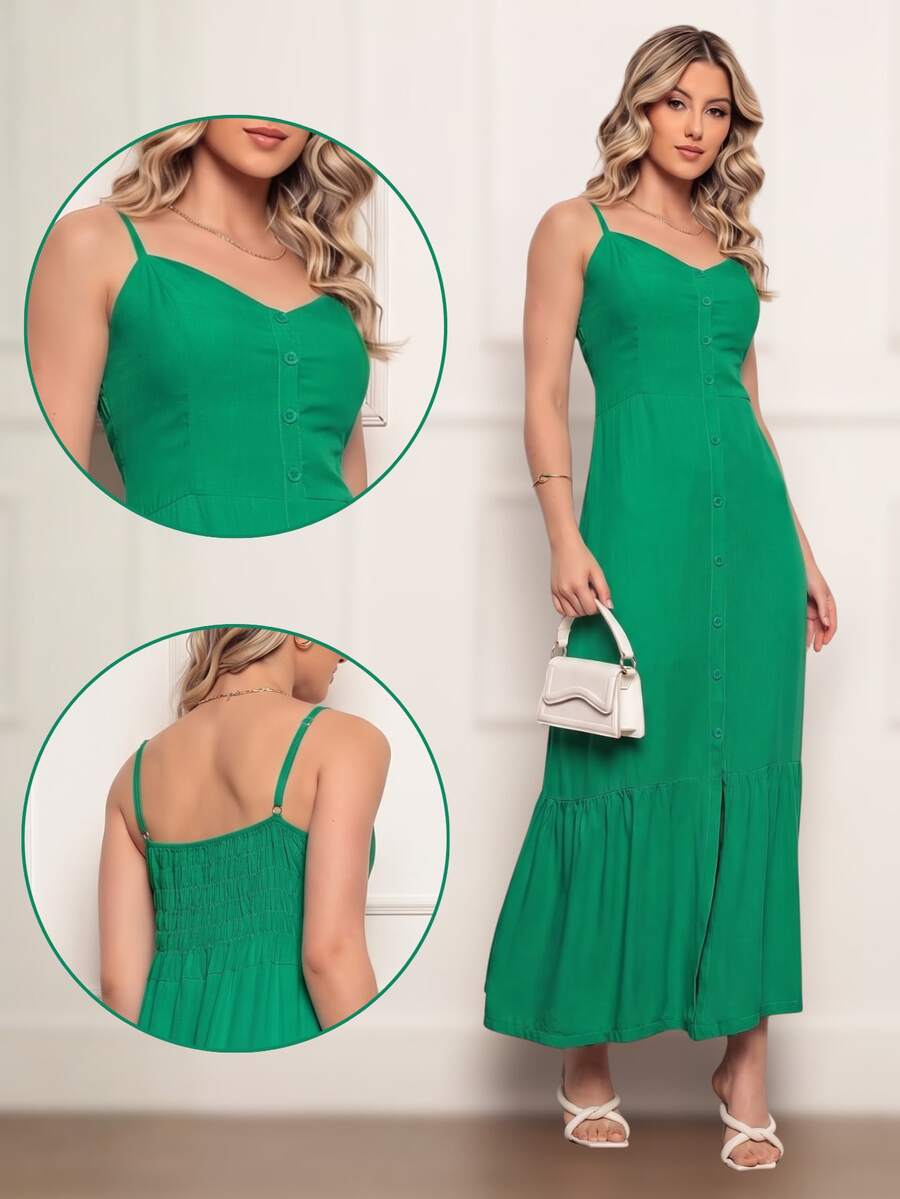 Elegant Women's Long Dress In Viscose Linen With Built-In Bra, Lining, Adjustable Straps And Front Buttons - 綠色 - 查看 1