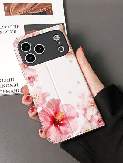 1 Stück elegante Hibiskus Blumen & Perlen Dekor klassische stoßfeste hochwertige Seidenstruktur PU Leder Klapphülle mit Ständer, Kartenfächern, Schlaufe, geeignet für iPhone 17/17 Air/17 Pro/17 Pro Max/16/16 Plus/16 Pro/16 Pro Max/15/15 Plus/15 Pro/13/14/12/11, tolles Geschenk für Freunde, Familie, Paar, Geburtstag, Feiertage