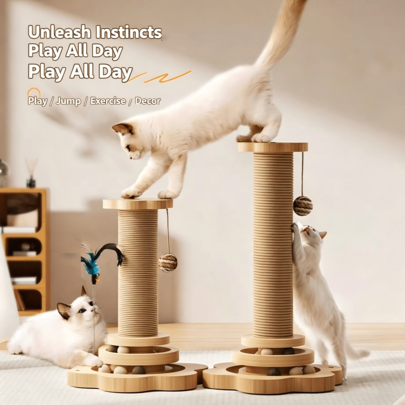 Sisal Cat Scratching Post - Durable, Cat Climbing Frame With Trackball & Hanging Ball Toys, Multi-Functional Interactive Cat Toy Suitable For Indoor/Outdoor Use For Small/Medium Cats, Artificial Feather, 2 Models Available