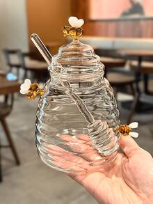 1pc Glass Honey Jar With Dipper & Lid,Transparent High Borosilicate Honey Container,Bee Decorations,Airtight Storage For Honey, Syrup & Jams - Multicolor - View 3