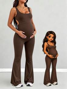 Pantalón y camiseta de maternidad Parara, mono de maternidad de verano de alta elasticidad, cómodo y de moda - Marrón - Ver 2