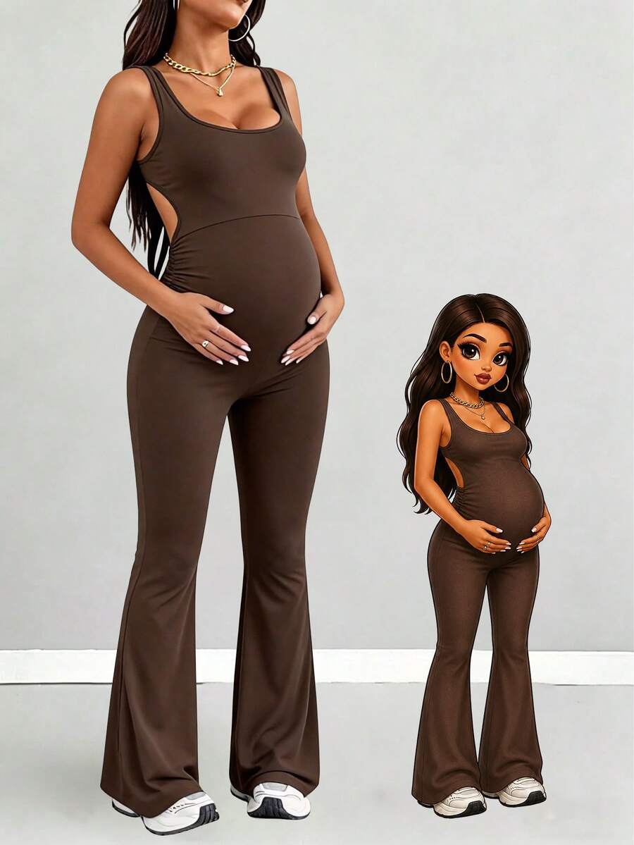 Pantalón y camiseta de maternidad Parara, mono de maternidad de verano de alta elasticidad, cómodo y de moda - Marrón - Ver 1