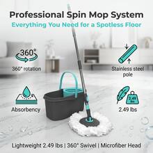 Conjunto de cubo y trapeador giratorio 360°, sistema de limpieza compacto de un solo cubo, trapeador autoestrujador con mango de acero inoxidable y cabezal de microfibra, herramienta doméstica ahorradora de espacio (Gris/Verde azulado) - A - Ver 4