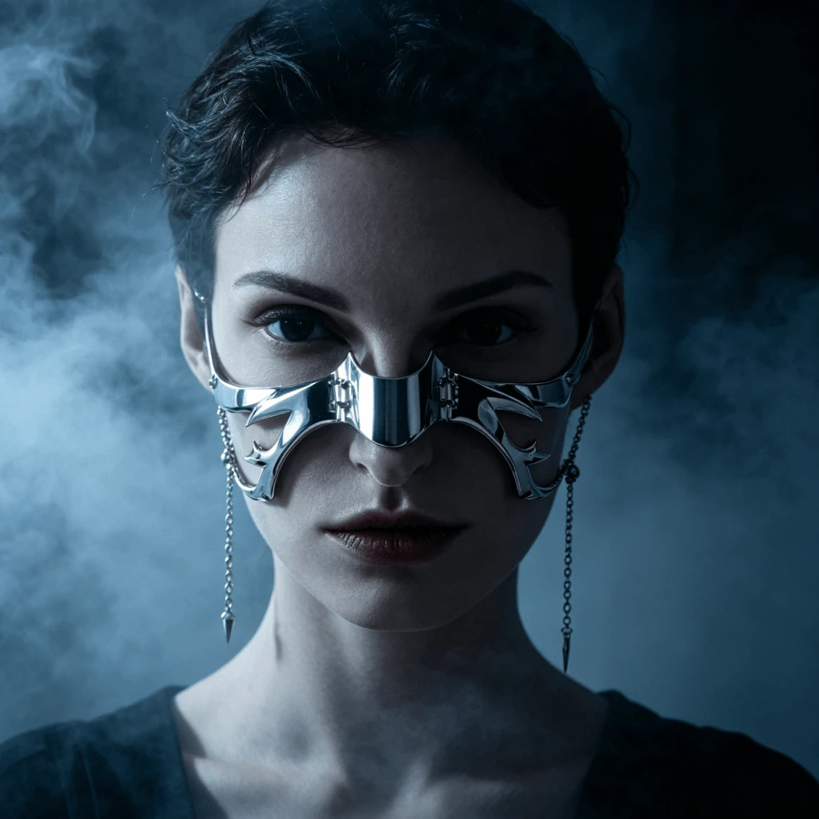 1pc Cyberpunk Metal Face Mask, Unique Design Asymmetrical Fluid Face Decor,Party - Silver - View 1