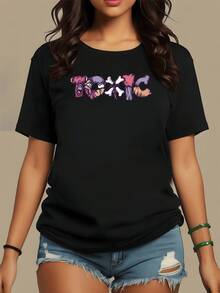 Texto con letras artísticas coloridas que forman la palabra TOXIC representando una mezcla de rebeldía humor calavera y fuerza interior camiseta de mujer casual moderna cómoda para uso diario - Negro - Ver 1