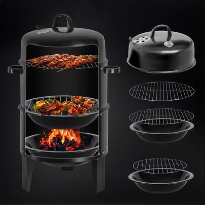 16-Inch 3-Tier Vertical Charcoal Smoker Grill, Capable Of Simultaneous Cooking, Smoking, And Grilling Of Food, With Easy Temperature Control - A Black Portable Grill, Ideal For Camping, Outdoor Adventures, And Backyard Gatherings.