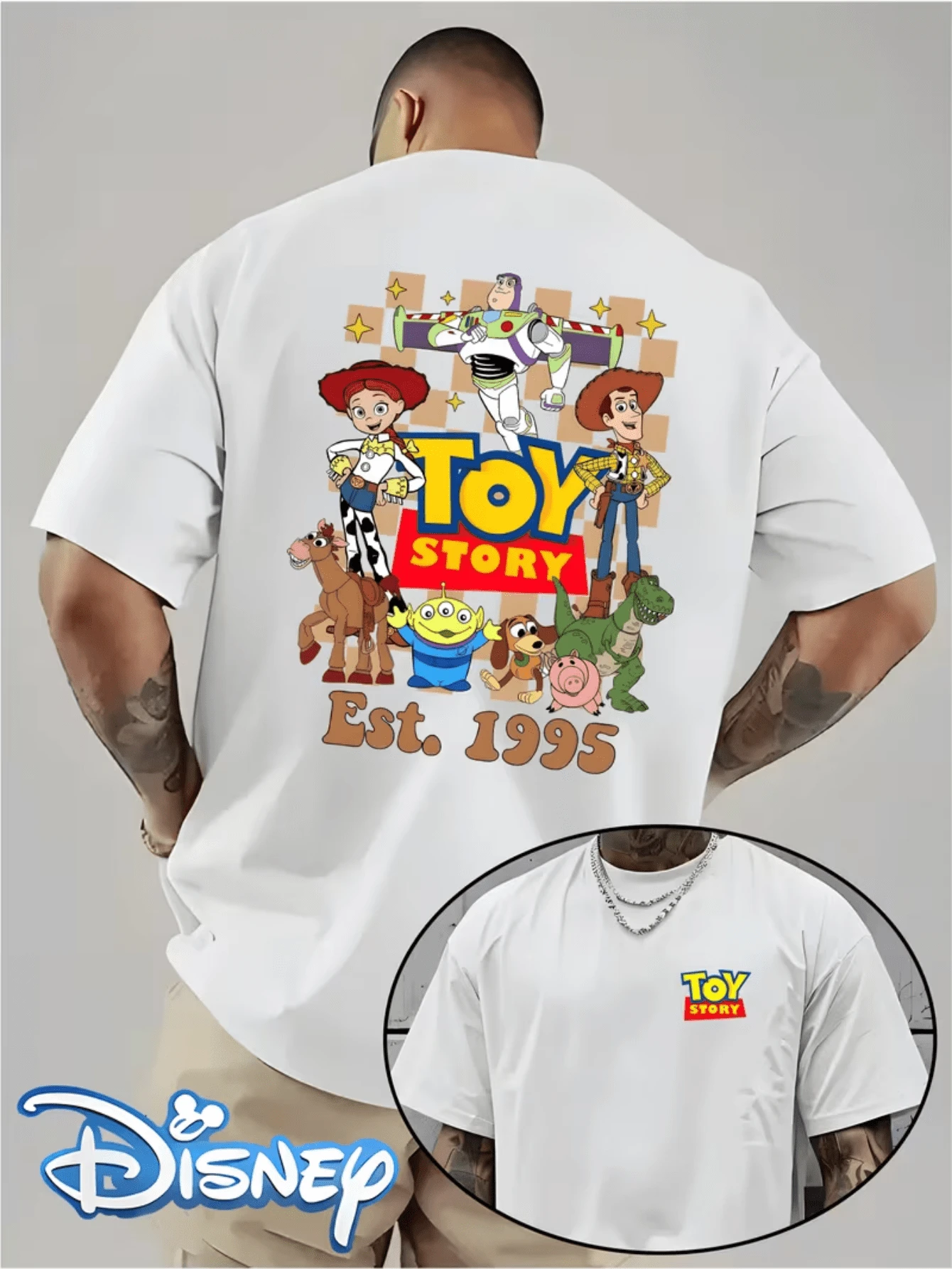 (Disney Licensed T Shirts)Disney Pixar1 Toy Story All Characters Est. 1995 Graphic Tee Men's Oversized Crew Neck Short Sleeve T-Shirt, Casual Streetwear With Woody Buzz Lightyear Jessie Rex Bullseye Double-Sided Print, Vintage 90s Cartoon Loose Fit Tee, Mens Clothes, Men, Ropa De Hombre, Summer Clothes, Men Shirts, Graphic Tees, Disney Outfits Men, Graphic Tees, Camisetas Para Hombre, Camisas Para Hombre, Summer Outfits For Men, Father's Day Gift, Perfect Gift For Family And Friends, Which Are Necessary For Birthday Parties, Disney Shirts, Mens Clothes, Summer Clothes, Officially Licensed Disney T-Shirts, Disney Men's And Women's Spring/Summer Fashion Casual Short-Sleeve T-Shirts, Disney Top - trắng - Xem 1