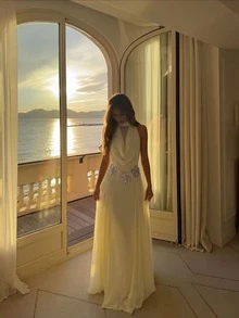優雅浪漫海灘週年紀念正式晚宴婚禮賓客約會之夜垂領洋裝派對秋季 - 淡黃色 - 查看 5