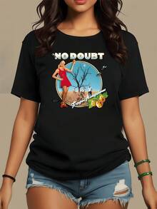 Woman In Red Dress Holding An Orange In Front Of A Withered Tree Under A Blue Sky With Bright Lettering Symbolizes Vital Force And Optimism. Modern Casual Short-Sleeved Women's T-Shirt - 黑色 - 查看 1