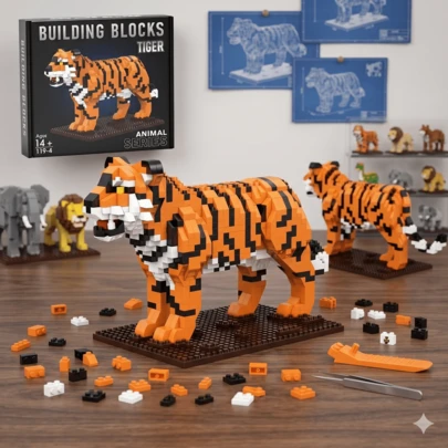 Conjunto de 980 peças de blocos de montar com tema de animais selvagens, inclui suporte de exibição, brinquedo educativo STEM, decoração criativa para mesa, ideal para adolescentes e adultos.