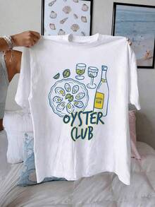 Ostras frescas con copas de vino y botella evocan reuniones junto al mar con amigos y sabores del océano camiseta de mujer casual blanca cómoda y moderna - Blanco - Ver 1