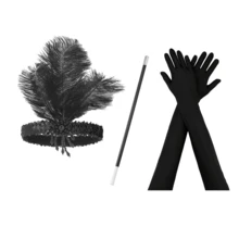 3 piezas Disfraz de fiesta vintage de los años 20 para mujer, incluye 1 tocado de plumas, 1 par de guantes para mujer y un portacigarrillos. - Negro - Ver 16