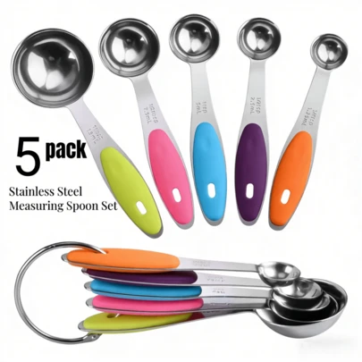 5-Piece Stainless Steel Measuring Spoon Set With Colorful Non-Slip Silicone Handles, Stackable Metal Measuring Scoops With Clear Etched Markings, Easy-To-Read Precise Measurements, Heavy-Duty Rust-Resistant Construction, Convenient Hanging Storage Ring, Durable Kitchen Measuring Tools For Baking, Cooking, Coffee Brewing, Tea Making, Spices & Seasonings, Multi-Use For Dry And Liquid Ingredients, Perfect For Home Kitchen, Apartment Living, Baking Enthusiasts, Daily Meal Prep, And Thoughtful Gifts For New Homeowners & Kitchen Lovers