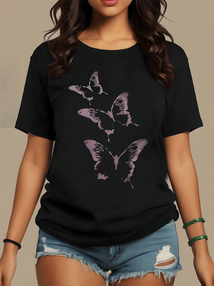 Butterflies In Lavender Tones Representing Freedom, Rebirth, And The Ephemeral Beauty Of The Soul In Flight. Modern Casual Women's T-Shirt Ideal For Everyday Wear. - 黑色 - 查看 1