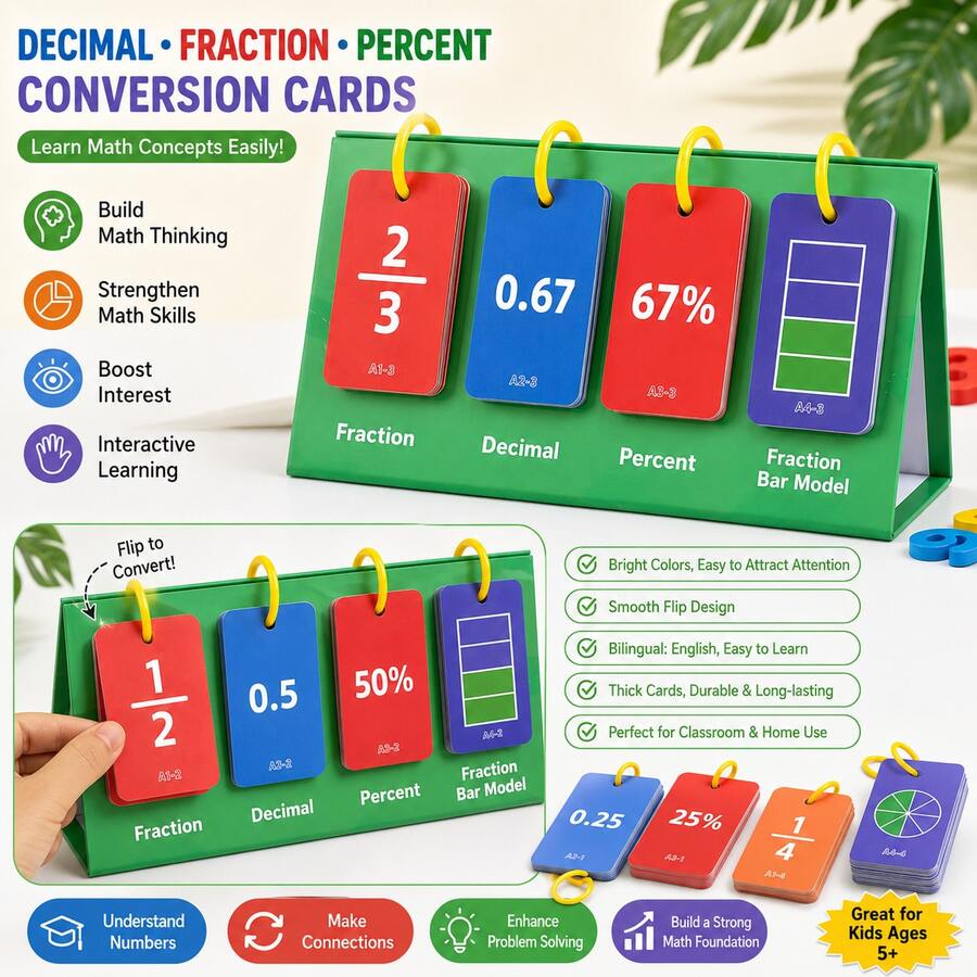 Lachilly Double-Sided Fractions And Equivalency Flip Chart Fraction Decimal Percent Conversion Flash Cards For Kids, Math Learning Cards With Visual Fraction Models, Math Manipulatives Educational Montessori Math Toy For Classroom & Homeschool