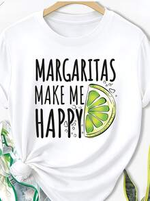 Texto divertido que expresa alegría y frescura con una frase sobre cócteles y una rodaja de lima verde que transmite energía positiva ideal para días soleados camiseta de mujer casual moderna - Blanco - Ver 1
