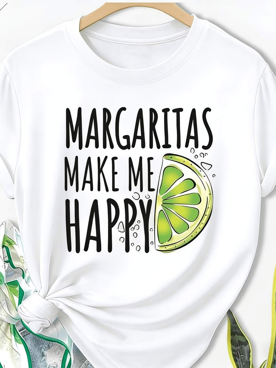 Texto divertido que expresa alegría y frescura con una frase sobre cócteles y una rodaja de lima verde que transmite energía positiva ideal para días soleados camiseta de mujer casual moderna - Blanco - Ver 1