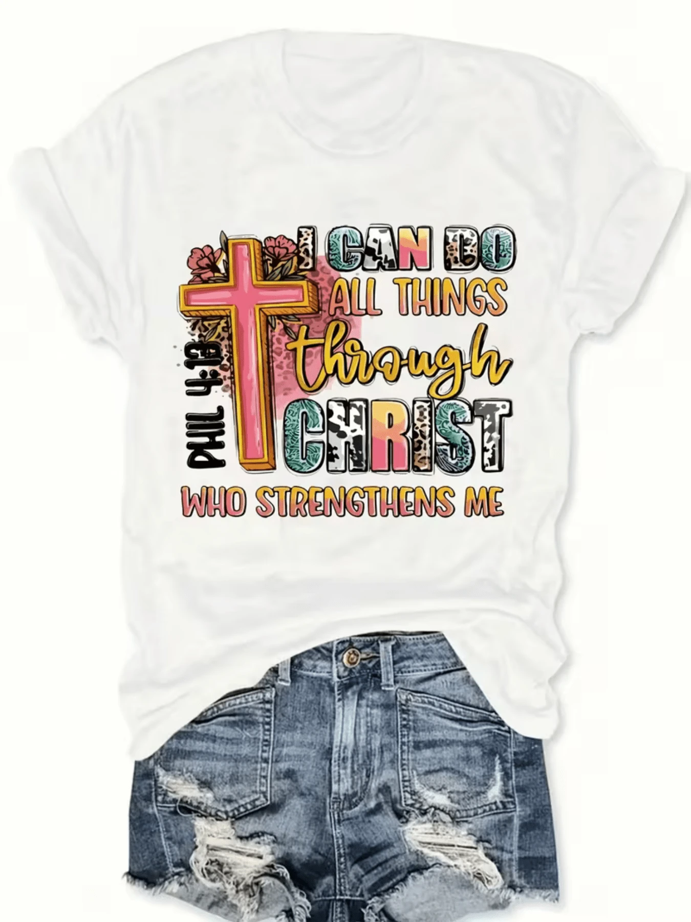 Cruz dorada con flores y letras coloridas que expresan fe esperanza y fortaleza espiritual inspirando energía positiva en cada día camiseta de mujer casual cómoda y moderna - Blanco - Ver 1