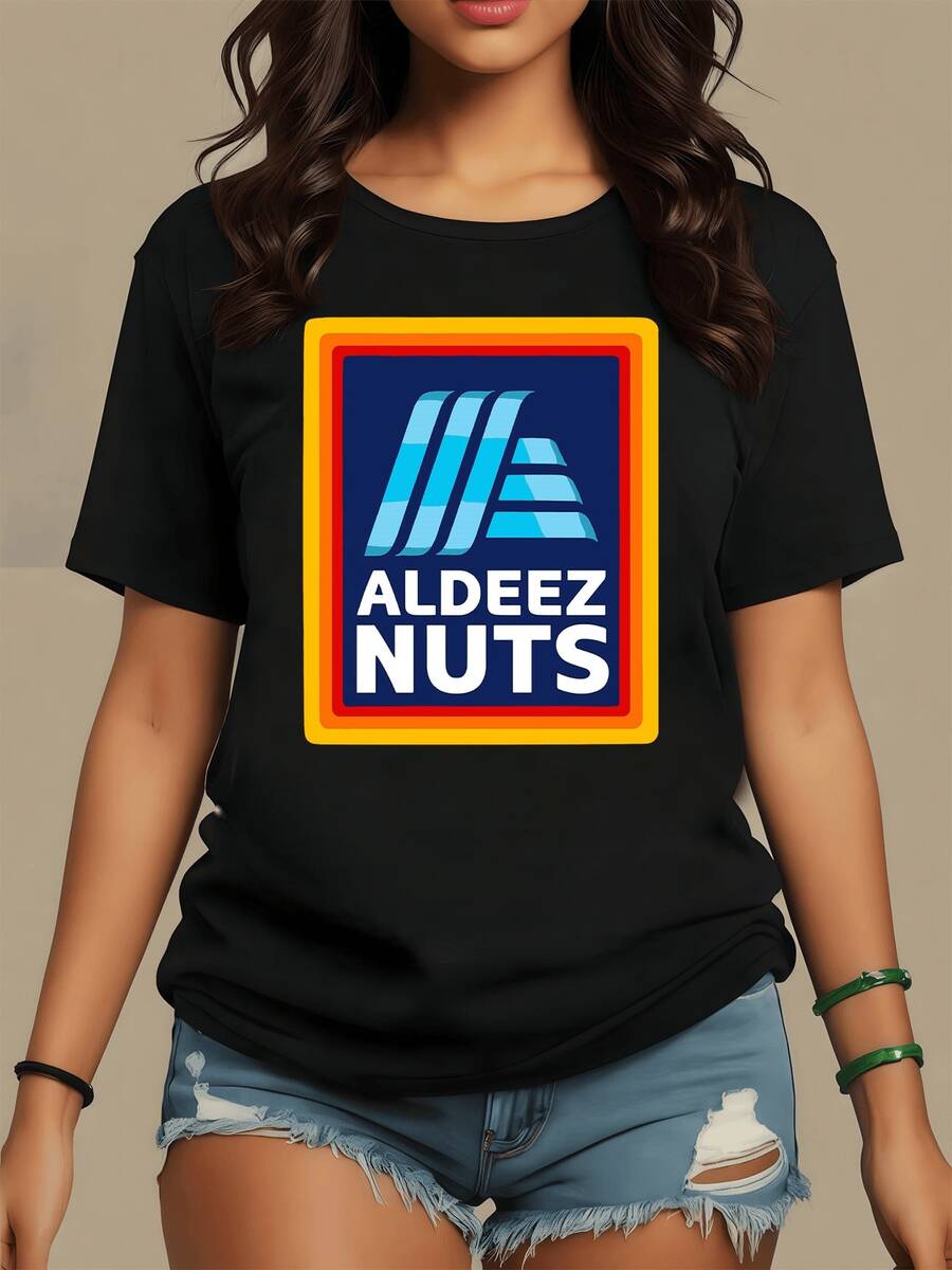 Graphic Symbol With White Letters On A Blue Background Framed In Warm Tones That Conveys Fun And Modern Energy, Ideal For Expressing Humor With Contemporary Style. Casual, Comfortable, And Versatile Women's T-Shirt - 黑色 - 查看 1