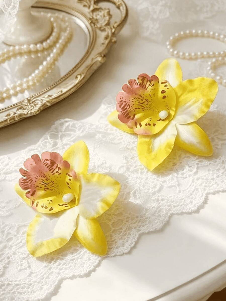 2个黄色扎染杜鹃花和兰花发夹,海滩度假风,中国风花卉设计,扎染,刘海和耳侧发夹,婚礼DIY装饰,节日,派对 - 黃色 - 查看 1