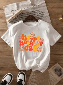 Colorful Text With Cheerful Phrases And  Faces That Convey Good Vibes, Positive Energy And Unity, Inspiring Happiness And Harmony To Share Unforgettable Moments. Casual, Comfortable And Modern Women's T-Shirt, Ideal For Everyday Wear. - 白色 - 查看 1