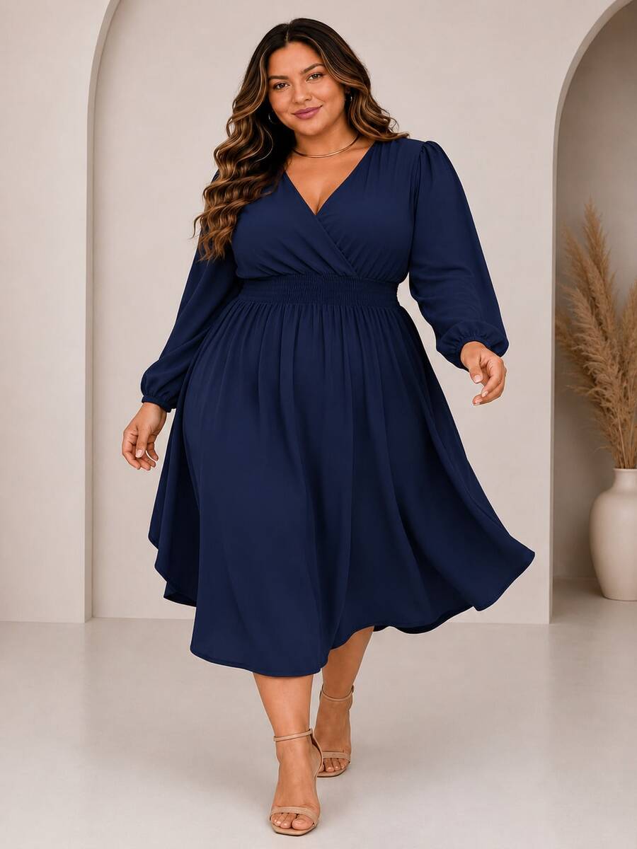 Women's Plus Size Dress With Wrap Neckline, Long Sleeves, Side Slit, Loose Fit, For Parties - Navy Blue - View 1