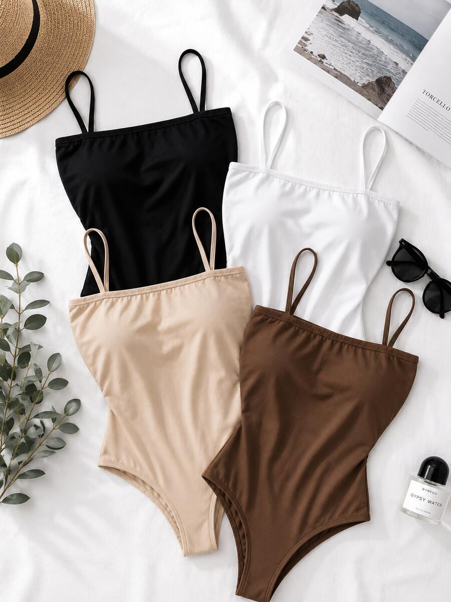 Women's Bodysuit With Thin Straps, Straight Neckline, Spandex Fabric With Padded Cups. Perfect For Parties, Christmas, New Year's, Birthdays, Day/Night, Casual, Versatile, And Suitable For Summer And Hot Weather. - 4 件連身衣 - S/B/M/N - 查看 1