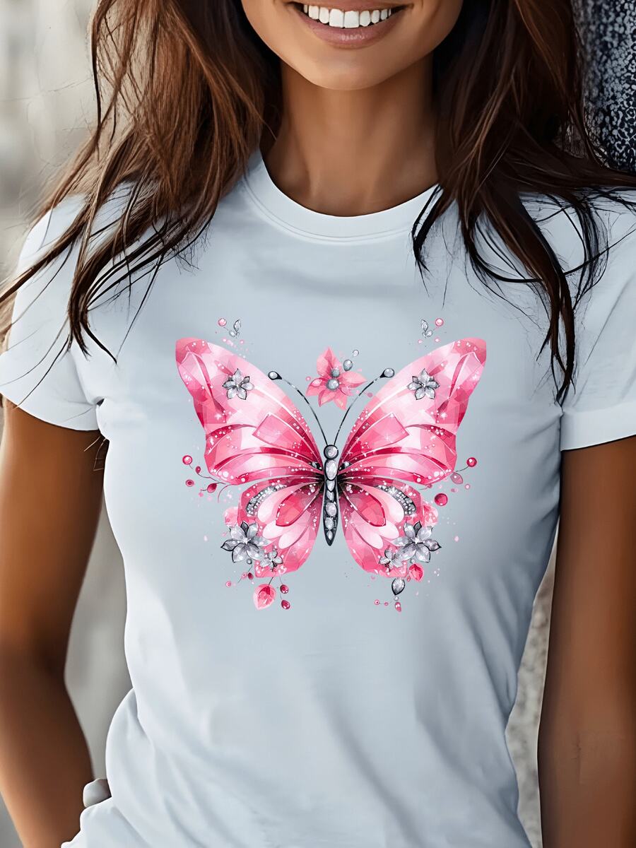 Camiseta con estampado gráfico de diseño de mariposa para mujer, camiseta casual de manga corta, 1 pieza. Cuello redondo cómodo y de tela gruesa, camiseta suave y bonita. - Blanco - Ver 1