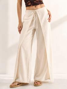 Pantalón ancho casual de mujer con detalles de envoltorio en beige - Beis - Ver 1