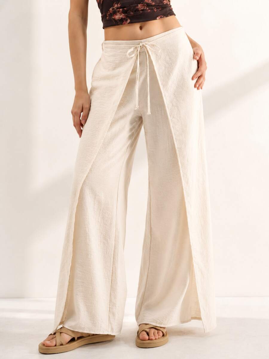 Pantalón ancho casual de mujer con detalles de envoltorio en beige - Beis - Ver 1
