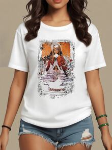 Mystical Figure Where A Woman Dressed In White Confronts Fantastic Creatures In A Symbolic Labyrinth Representing The Inner Journey Towards Freedom And Self-Discovery. Women's Casual T-Shirt For Stylish And Comfortable Everyday Wear - 白色 - 查看 8