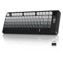 FREEWOLF M75 无线游戏键盘，机械手感薄膜键盘，带旋钮和 OLED 显示屏，蓝牙/2.4GHz，彩虹背光 PBT 键帽，2000mAh 电池，防鬼键 - 查看 12