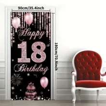 1 pièce Bannière d'anniversaire de 18 ans "Happy 18th Birthday" noire et or rose étincelante avec diamants, en matériau polyester, avec rideau de perles, éléments de gâteau et de feux d'artifice, convient pour les cérémonies de style luxe léger pour adultes, décorations de fête d'anniversaire, décors de fond photographique, décorations de cour, décorations de fête, etc. - A - Voir 3