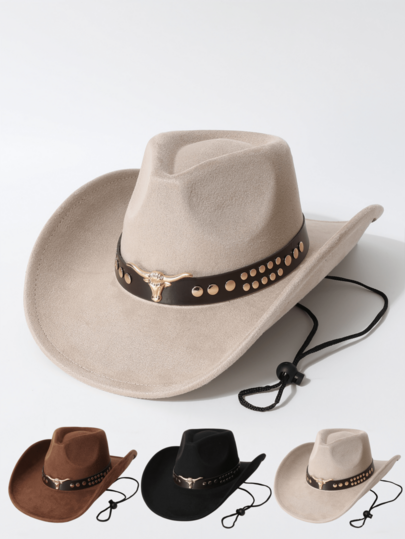 1pc Unisex Denim Cowboy Hat, Jazz Hat, Panama Hat, Classic Wide Brim High Crown Design, Wide Brim With Slightly Upturned Edge, Faux Suede Material, Sturdy And Stylish, Sun And Wind Protection, Bull Rivet Decoration, Adjustable Windproof Rope Buckle, Western Cowboy Style, Suitable For Cowboy Theme Events, Vintage Outfits, Western Style Outfits, Music Festivals, Theme Parties, Vintage Looks, And Daily Use