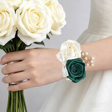 4pcs Elegant Ivory & Dark Green Rose, Korean Style Golden Leaf, Pearl, Bow Elastic Pearl Wrist Corsage, Bridal Bridesmaid Wrist Decor, High-End Wedding Party Prom Valentine's Day Event Wrist Accessory SW280 - Milk + Dark Green - View 8
