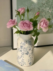 1/3件小號迷你手工復古花園陶瓷花瓶，裂紋釉白色花瓶配綠色花卉圖案，鄉村農舍風格桌面裝飾，適用客廳、廚房、餐桌、窗台，鮮花/乾花花瓶，齋月與畢業禮物 - 青花色 - 查看 12