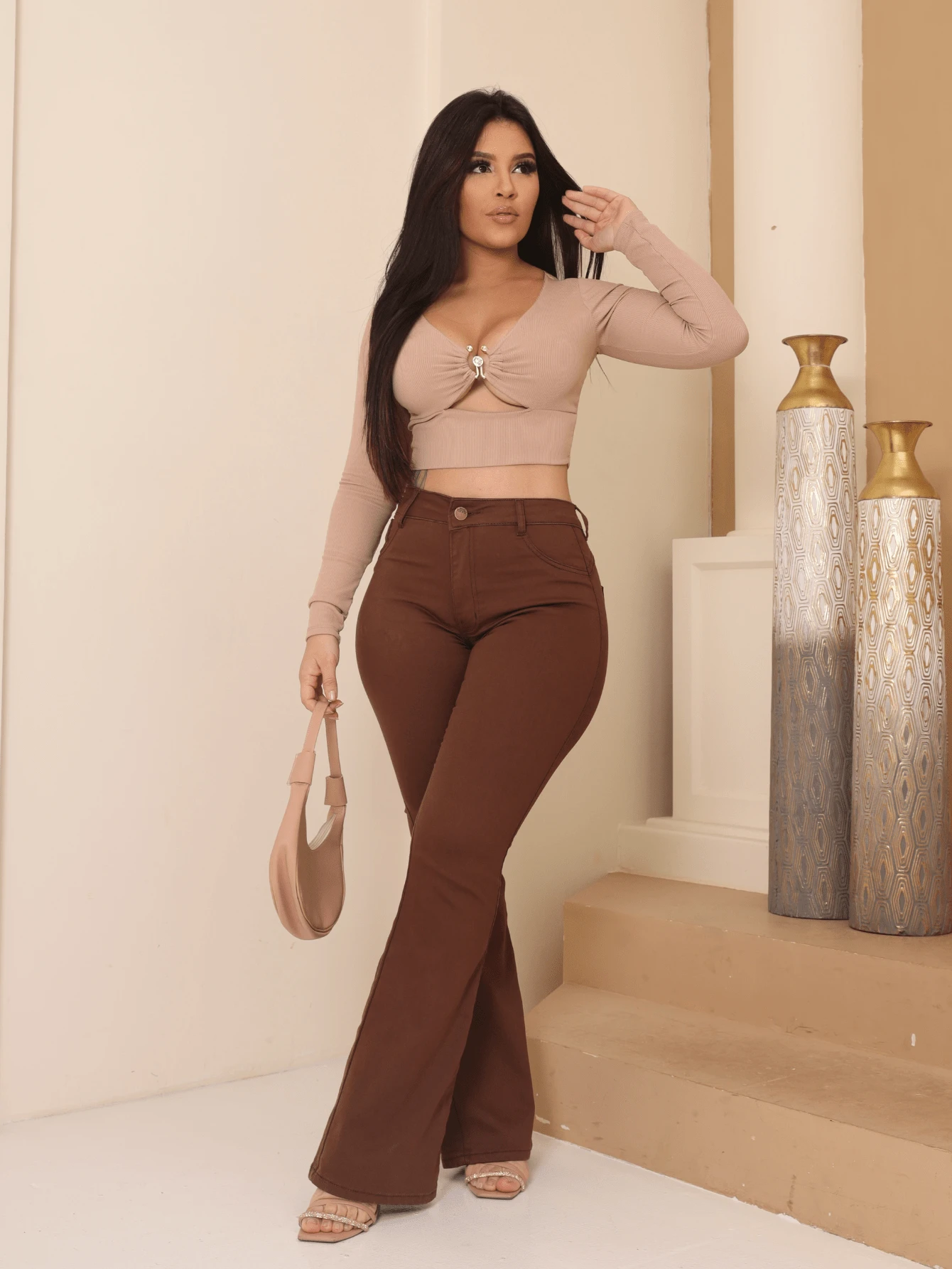 Faraya Jeans Women's Flare Jeans Available In Beige/Khaki/Brown/Black/White/Green, Super Comfortable, High-Waisted With Lycra. - 巧克力棕 - 查看 1