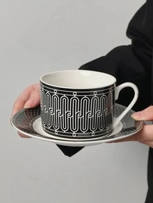 1 Set, Black & White Geometric Pattern Ceramic Coffee Cup & Saucer, Minimalist Art Deco Style, 250ml/8.5oz, Heat-Resistant Porcelain Tea Cup For Home Office Cafe, Aesthetic Kitchen Decor & Gift - A Black and White Line Ceramic Cup and Saucer Set - View 8