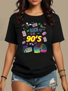 Colorful Pattern With Cassette Tapes And Retro Figures That Evoke The Vibrant Energy And Fun Creativity Of The Nineties. Modern Casual Women's T-Shirt For Everyday Wear And Casual Outings. - 黑色 - 查看 1