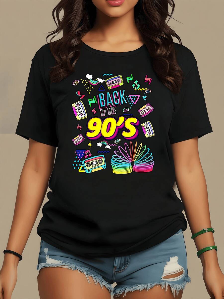 Colorful Pattern With Cassette Tapes And Retro Figures That Evoke The Vibrant Energy And Fun Creativity Of The Nineties. Modern Casual Women's T-Shirt For Everyday Wear And Casual Outings. - 黑色 - 查看 1