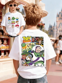 Disney's "Toy Story" Woody Cartoon Front And Back Prints, Casual Cotton Short Sleeved Top, Boys And Girls' Birthday Party/Photo Special T-Shirt, Soft Cotton Children's Summer Casual Top, Disney Official Star Baby, Cotton Summer Boys And Girls' Short Sleeved Shirt, Suitable For Daily Wear, Vacation, Outdoor Activities, And Can Also Be Used As A Children's Gift. - trắng - Xem 1