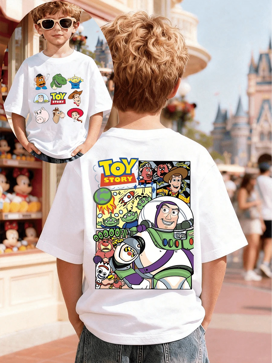 Disney's "Toy Story" Woody Cartoon Front And Back Prints, Casual Cotton Short Sleeved Top, Boys And Girls' Birthday Party/Photo Special T-Shirt, Soft Cotton Children's Summer Casual Top, Disney Official Star Baby, Cotton Summer Boys And Girls' Short Sleeved Shirt, Suitable For Daily Wear, Vacation, Outdoor Activities, And Can Also Be Used As A Children's Gift. - trắng - Xem 1